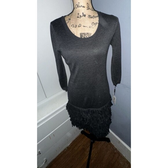 Calvin Klein Size S Charcoal Gray Sweater Dress Layered Fringe Hem 3/4 Sleeve - Picture 1 of 8